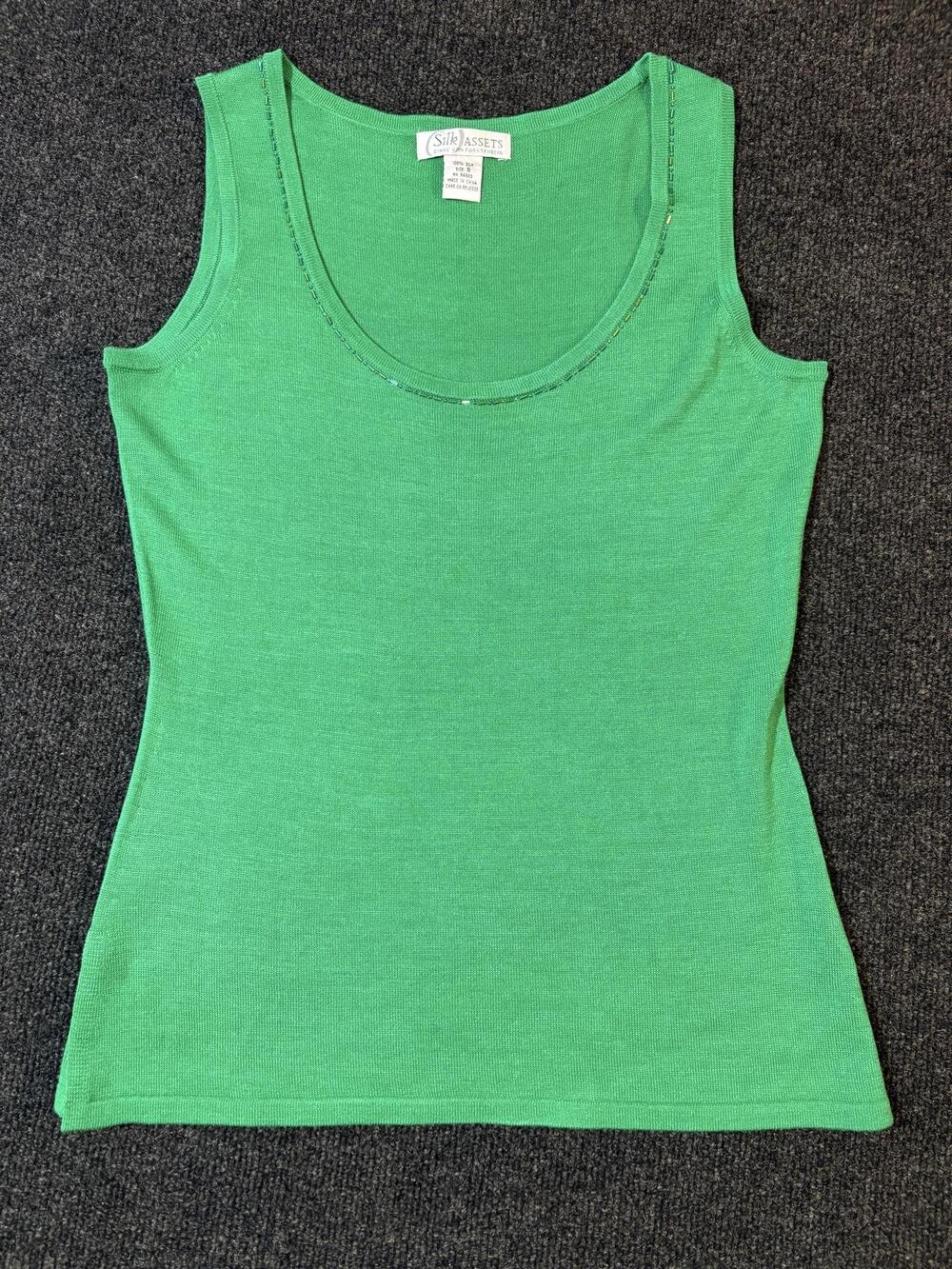 Silk Assets Tank Top Womens S Green Knit Beaded Scoop Neck 100% Silk Camisole